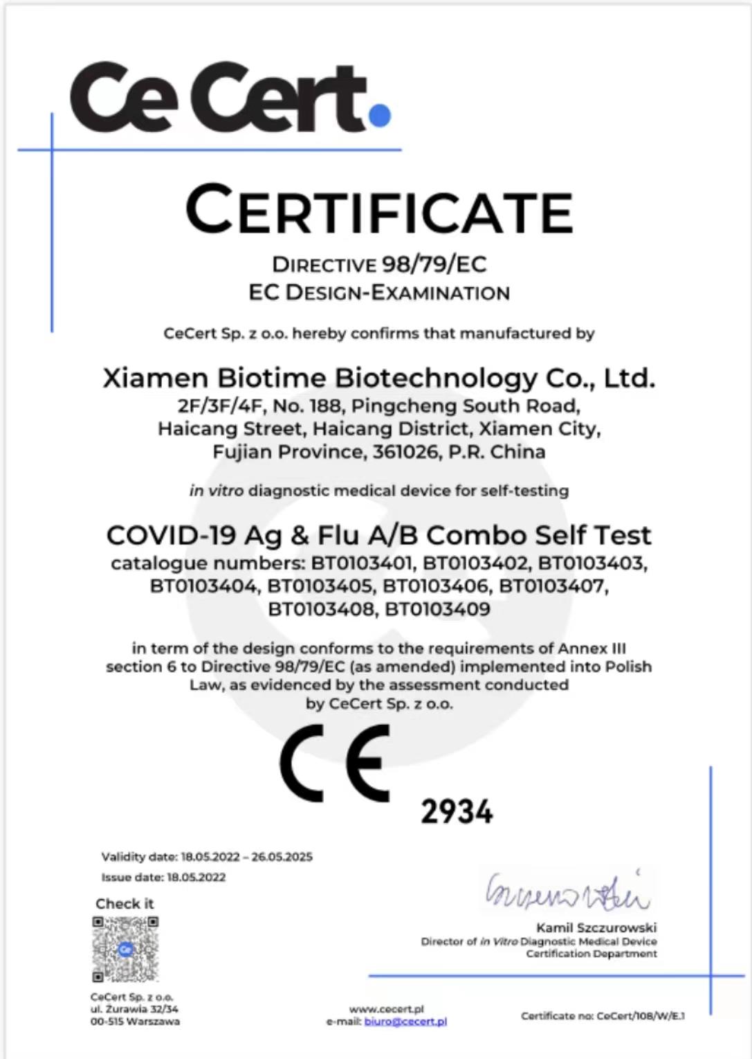 La prueba combinada biotime's COVID-19 ag & flua/b obtiene la marca CE para autodiagnóstico

